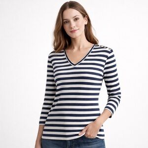 ✨ Gap Tall‎ Navy & White Striped V-Neck Top Button Shoulder Detail